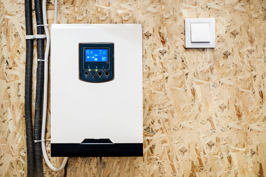 Hybrid-Solar-Inverter-Ladegerät an der Wand. Moderner Photovoltaik-Wechselrichter lädt die Batterie zu Hause auf