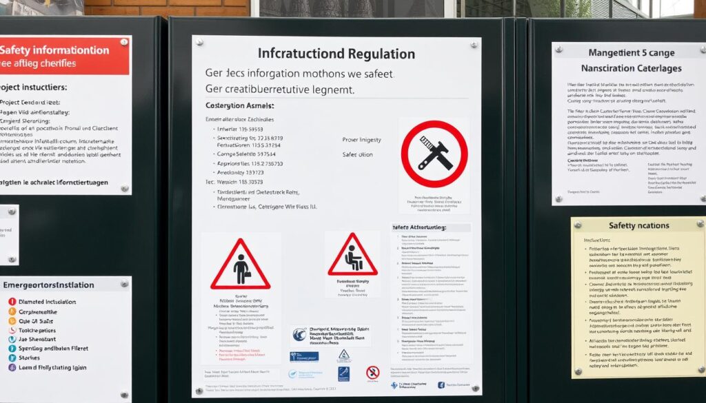 Baustellenschild mit Sicherheitshinweisen und rechtlichen Informationen Baustellenschild mit Sicherheitshinweisen und rechtlichen Informationen