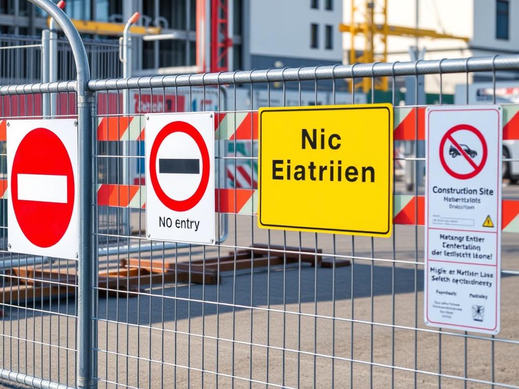 Bauzaun mit Hinweisschildern zur Baustellenabsicherung Bauzaun mit Hinweisschildern zur Baustellenabsicherung