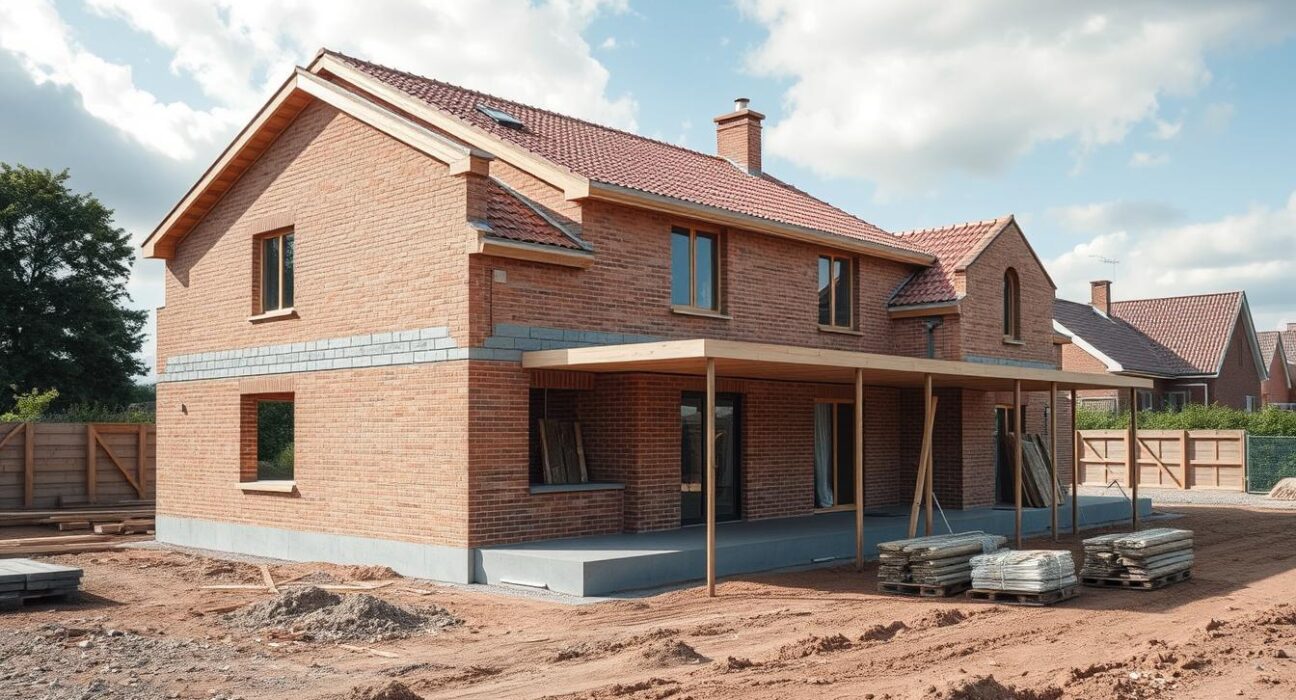 Rohbau eines Einfamilienhauses mit sichtbarem Fundament, Mauerwerk und Dachstuhl