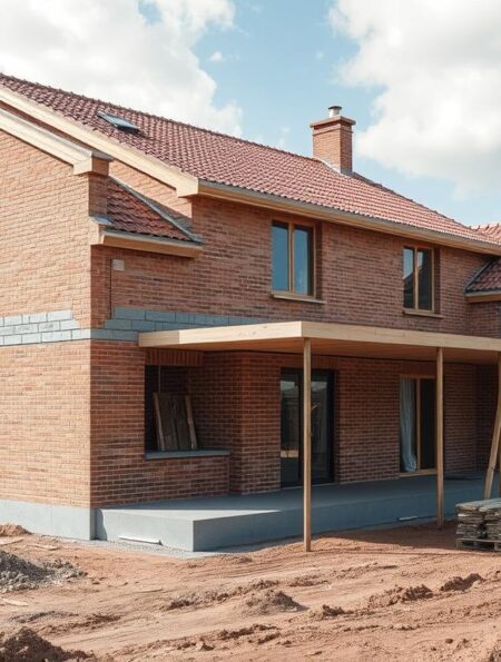 Rohbau eines Einfamilienhauses mit sichtbarem Fundament, Mauerwerk und Dachstuhl