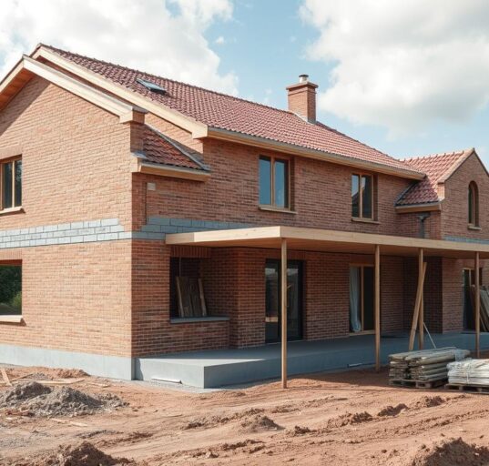 Rohbau eines Einfamilienhauses mit sichtbarem Fundament, Mauerwerk und Dachstuhl