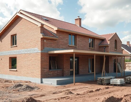 Rohbau eines Einfamilienhauses mit sichtbarem Fundament, Mauerwerk und Dachstuhl