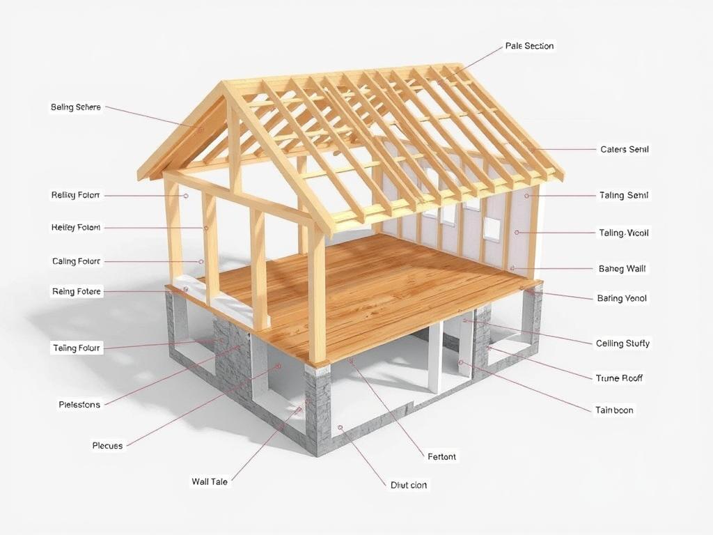 Schematische Darstellung der Rohbau-Komponenten mit Beschriftungen für Fundament, Mauerwerk, Decken und Dachstuhl Schematische Darstellung der Rohbau-Komponenten mit Beschriftungen für Fundament, Mauerwerk, Decken und Dachstuhl