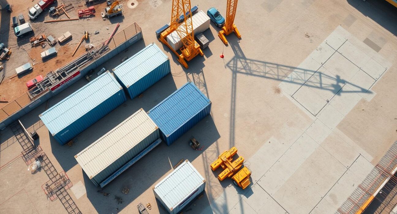 Übersicht einer gut organisierten Baustelleneinrichtung mit Container, Kran und Absperrungen