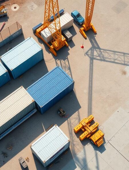 Übersicht einer gut organisierten Baustelleneinrichtung mit Container, Kran und Absperrungen