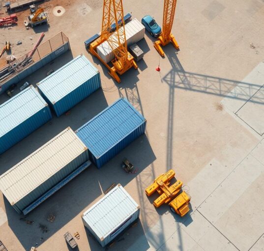 Übersicht einer gut organisierten Baustelleneinrichtung mit Container, Kran und Absperrungen