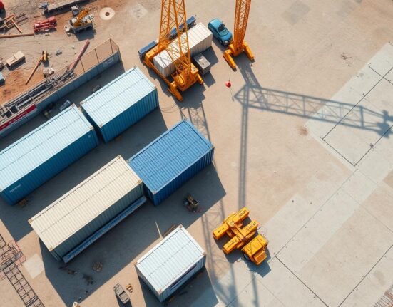Übersicht einer gut organisierten Baustelleneinrichtung mit Container, Kran und Absperrungen