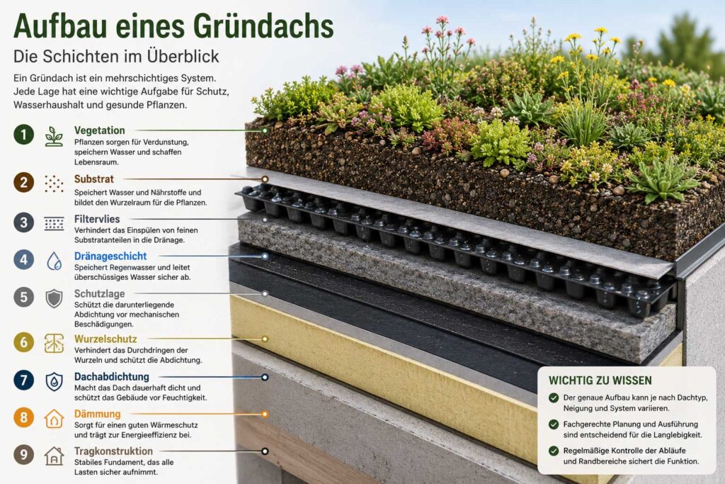 Aufbau eines Gründachs: Schichtenübersicht  