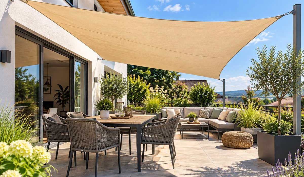 Moderne-Terrasse-mit-Sonnensegel-und-Gartenblick