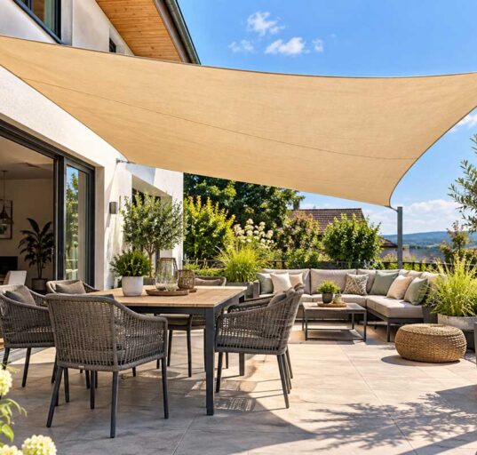 Moderne-Terrasse-mit-Sonnensegel-und-Gartenblick